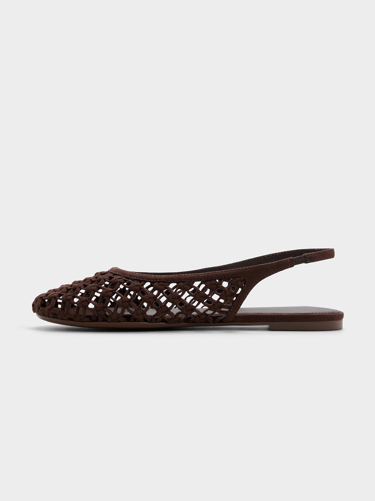 Dark Brown Woven Faux Suede Round-Toe Chic Back Strap Flats