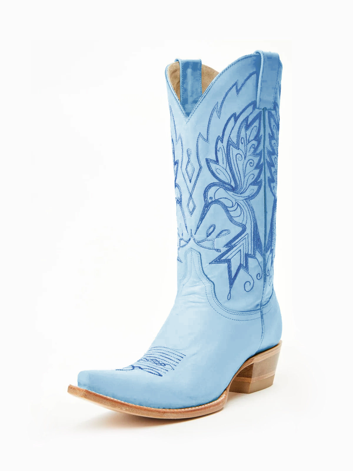 Сини каубойски ботуши с бродерия от птици и къси пръсти до средата на прасеца