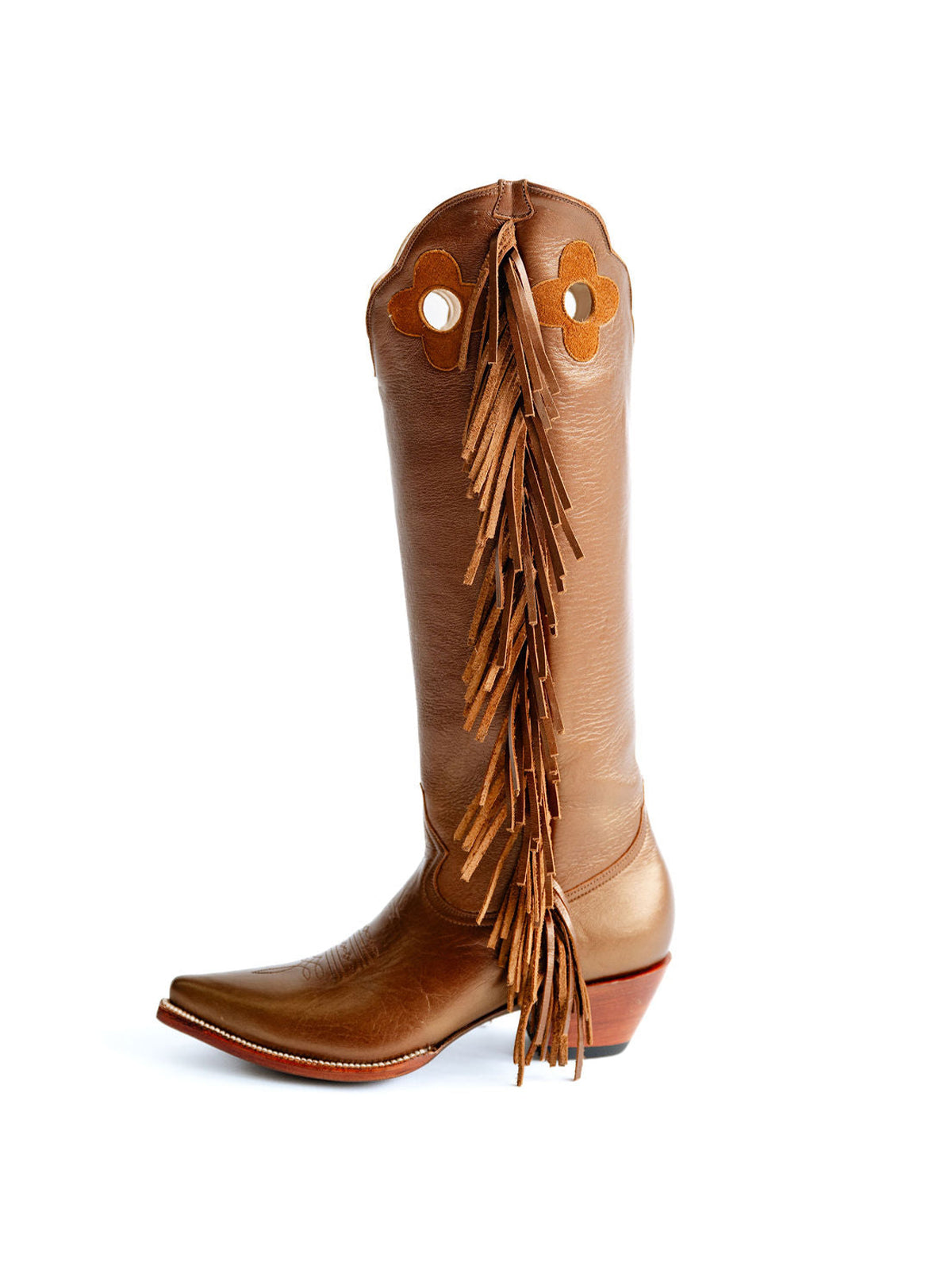 Bronze Pointed-Toe Side Fringes And Cutout Wide Calf Knee High Cowgirl Boots