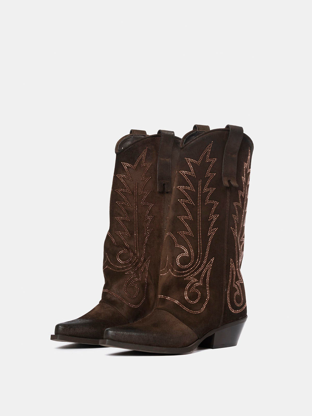 Brown Snip-Toe Faux Suede Embroidery Classic Mid Calf Cowgirl Boots