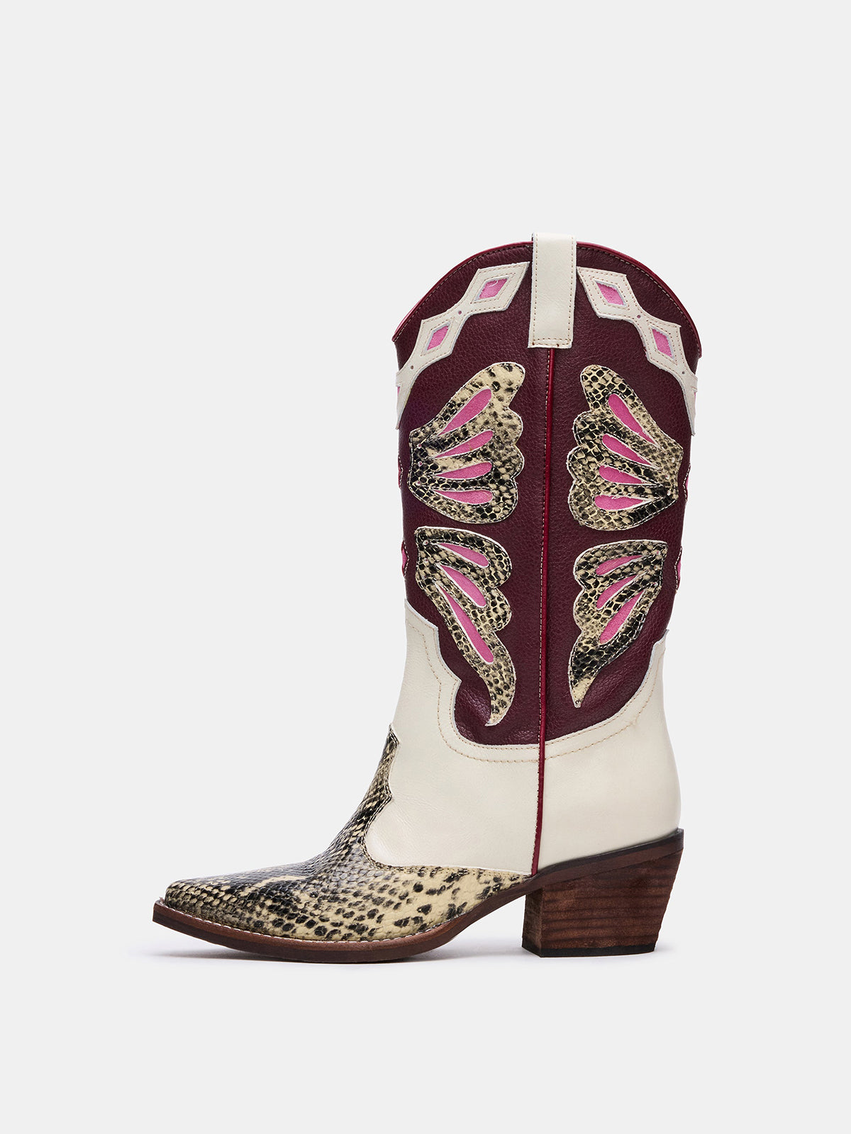 Contrast Tri-Color Snakeskin Print Pointed-Toe Butterfly Inlay Mid Calf Cowgirl Boots