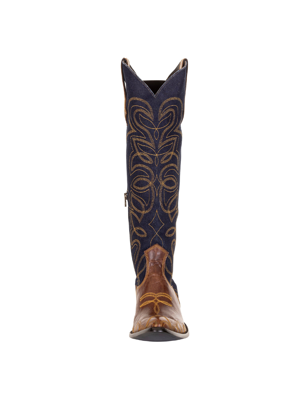Contrast Blue Denim And Vegan Leather Almond-Toe Embroidery Half-Zip Knee High Cowgirl Boots