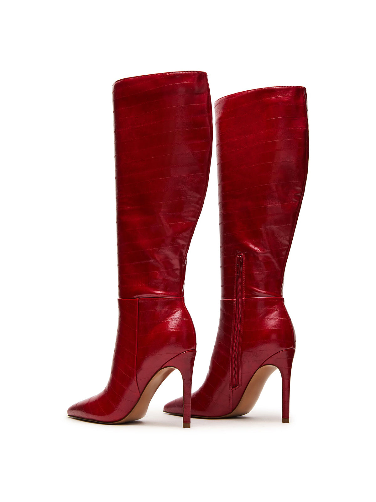 Red Eel Pattern Pointed-Toe Half-Zip Knee High Stiletto Boots