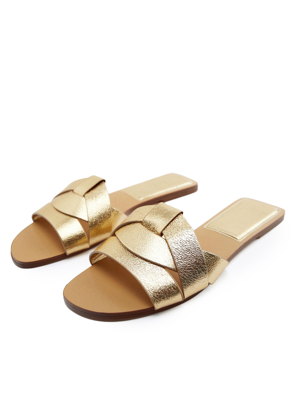 Front Crossover Strap Round-Toe Flat Sandals - Metallic Gold