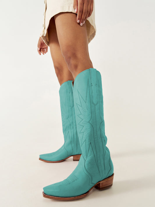 Turquoise Snip-Toe Embroidery Wide Calf Knee High Cowgirl Boots