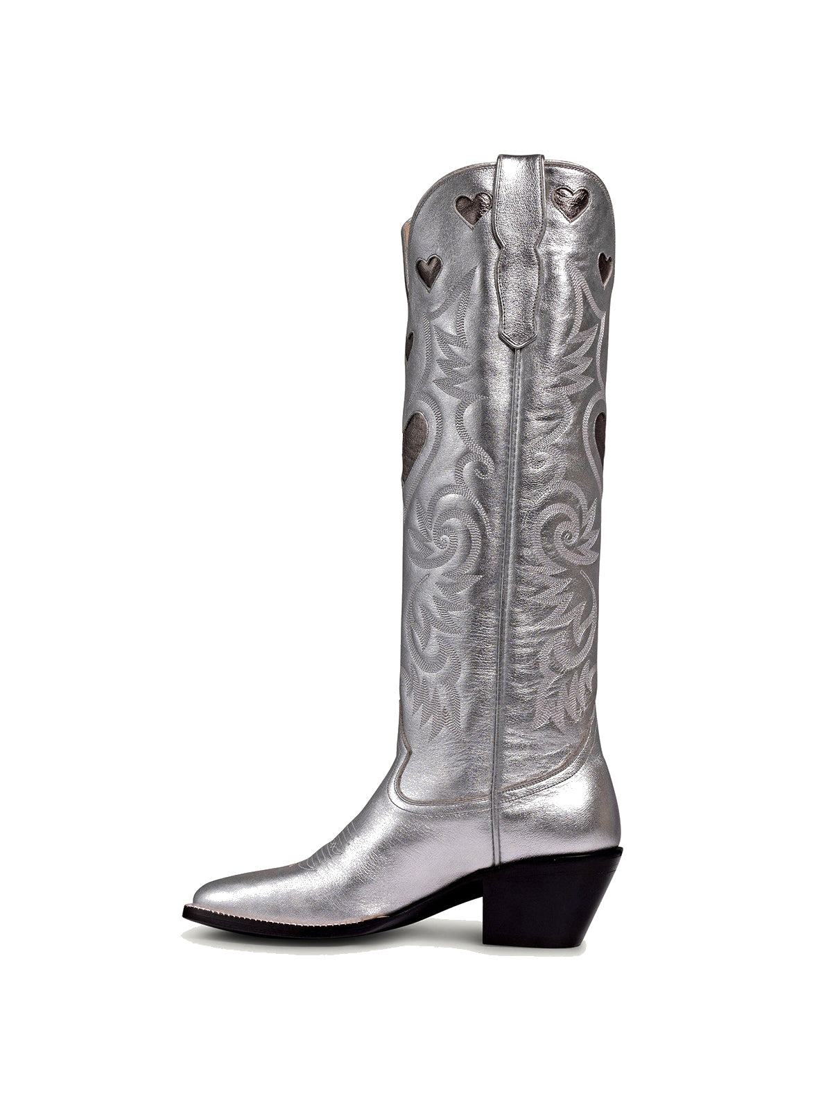 Metallic Silver Round-Toe Chic Hearts Inlay Wide Calf Knee High Cowgirl Boots
