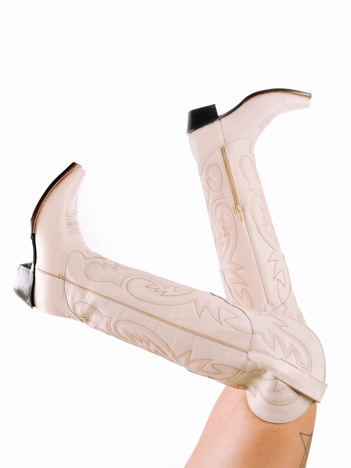 Bone Snip-Toe Half-Zip Embroidery Tall Over-The-Knee Cowgirl Boots