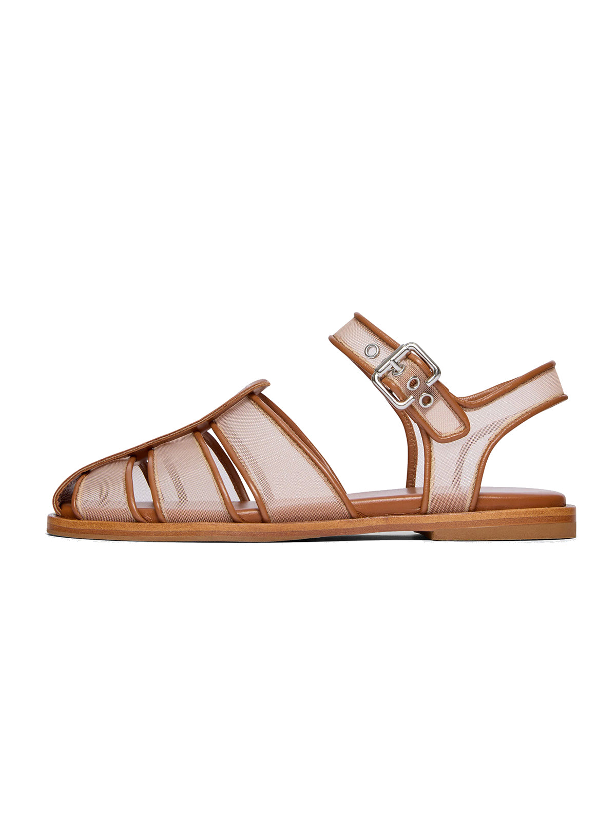 Brown Mesh Round-Toe Ankle Strap Fisherman Sandals Flats