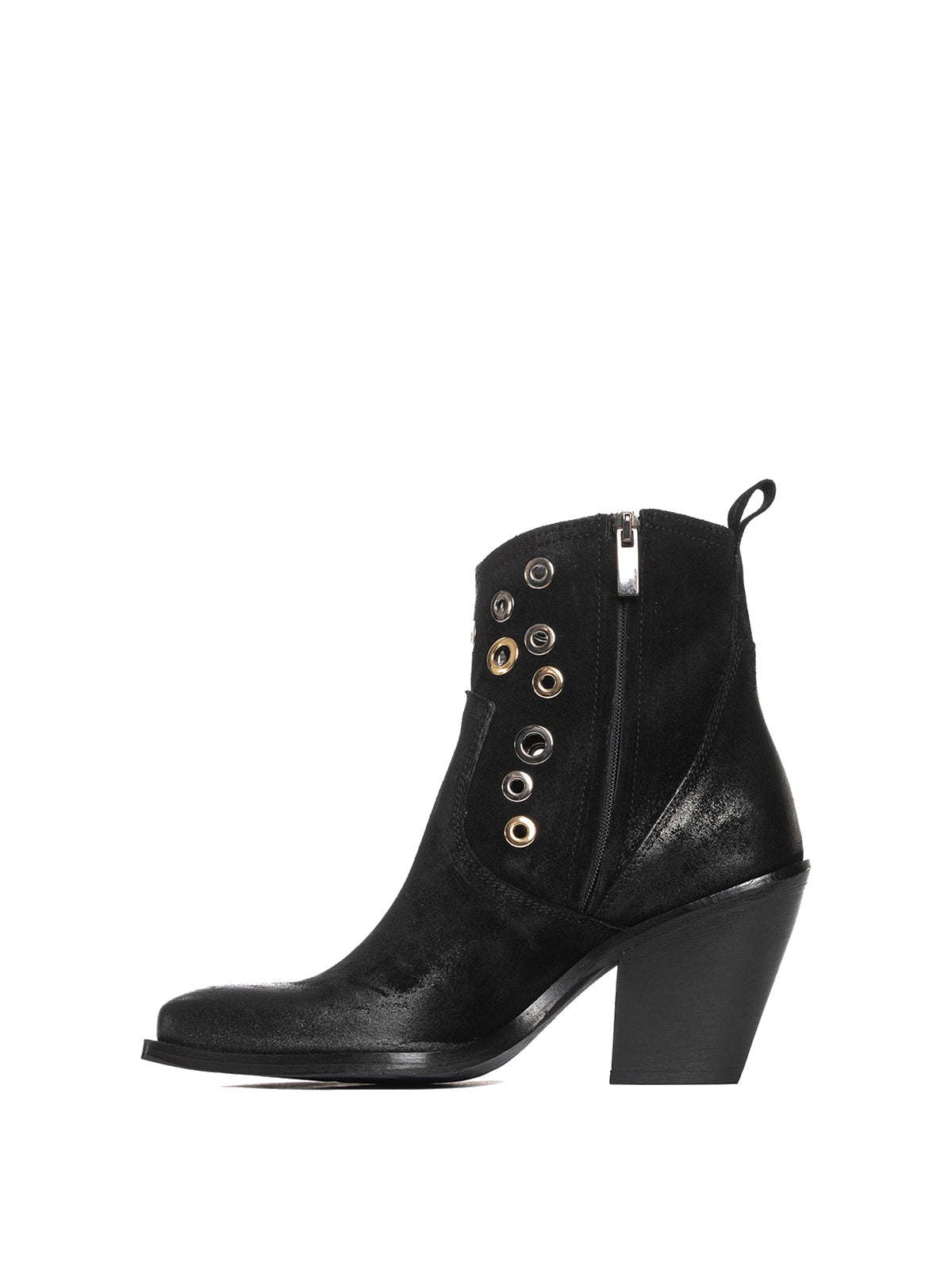 Black Faux Suede Snip-Toe Eyelets Full-Zip Ankle Cowgirl Boots