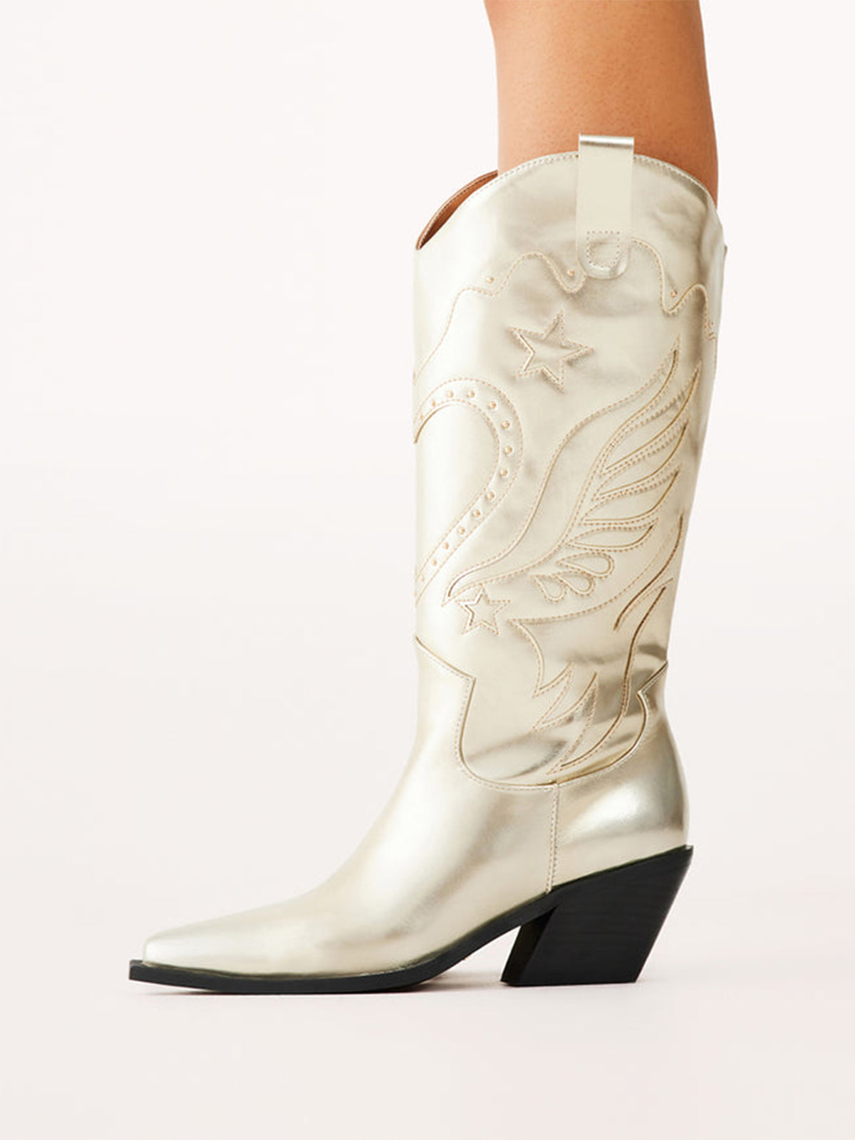 Metallic Gold Snip-Toe Stars Wing Heart Inlay Mid Calf Cowgirl Boots