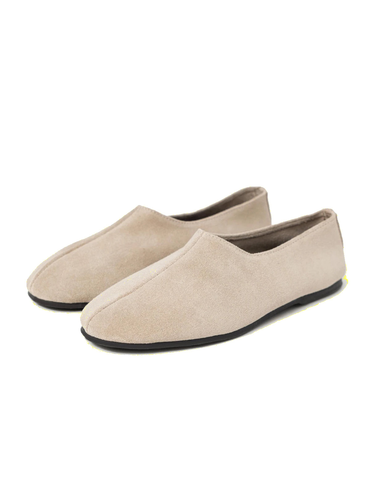 Beige Cow Suede Round-Toe Slip-On Simple Flats