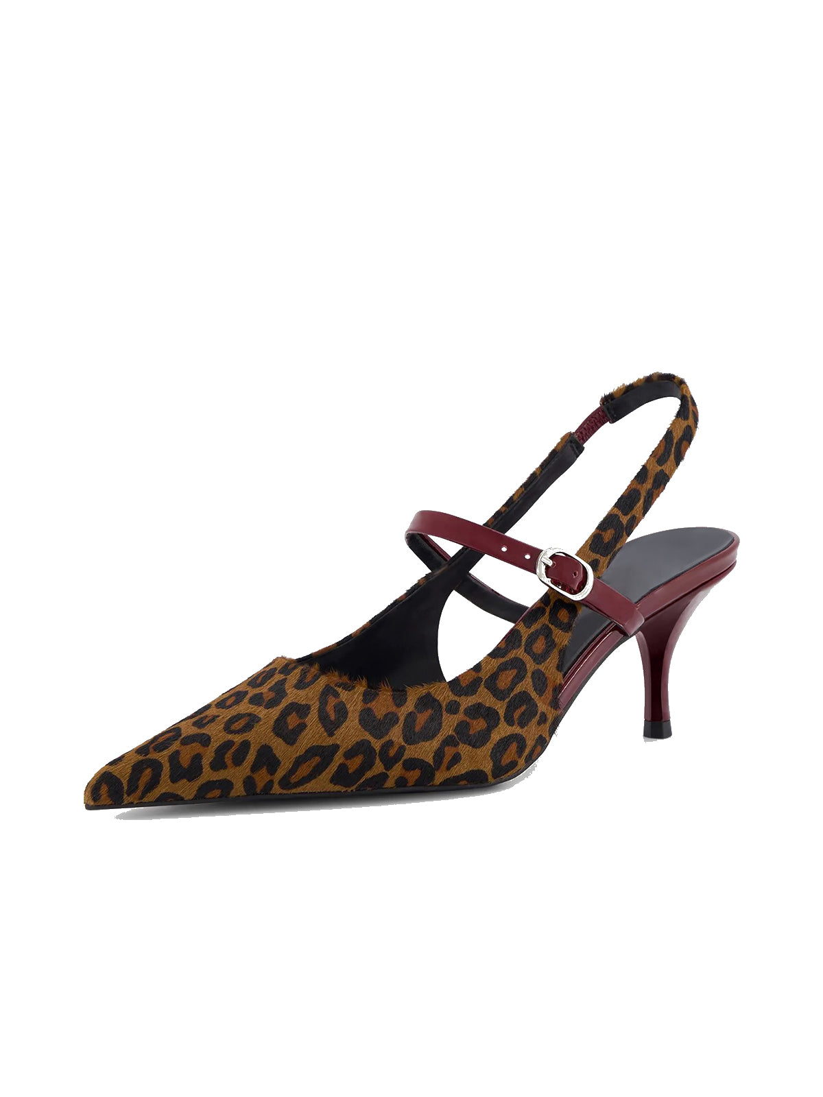 Leopard Print Pointed-Toe Patent Middle Strap And Slingback Kitten Heels