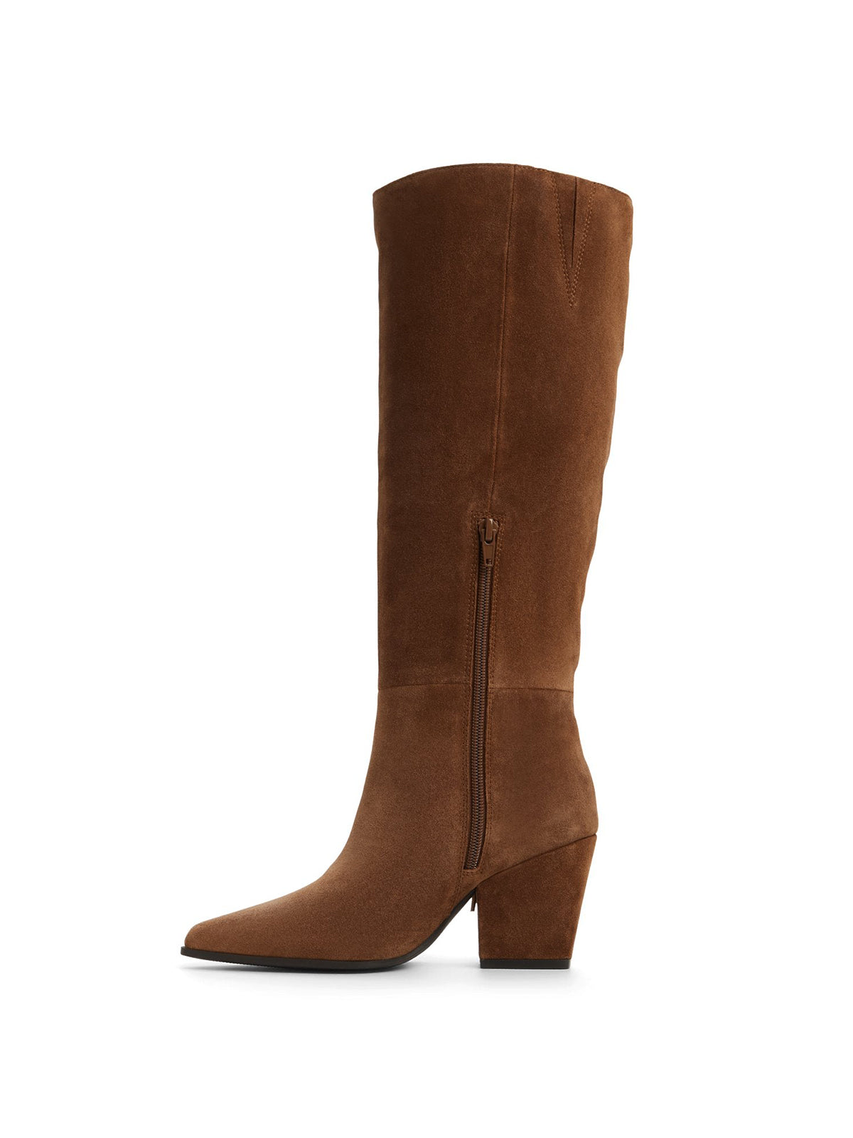 Brown Faux Suede Snip-Toe Side Fringe Half-Zip Simple Knee High Cowgirl Boots