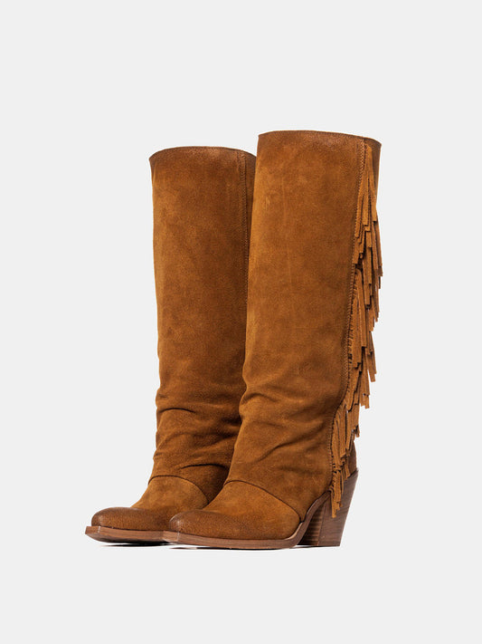 Brown Faux Suede Snip-Toe Side Fringe Wide Calf Knee High Cowgirl Boots
