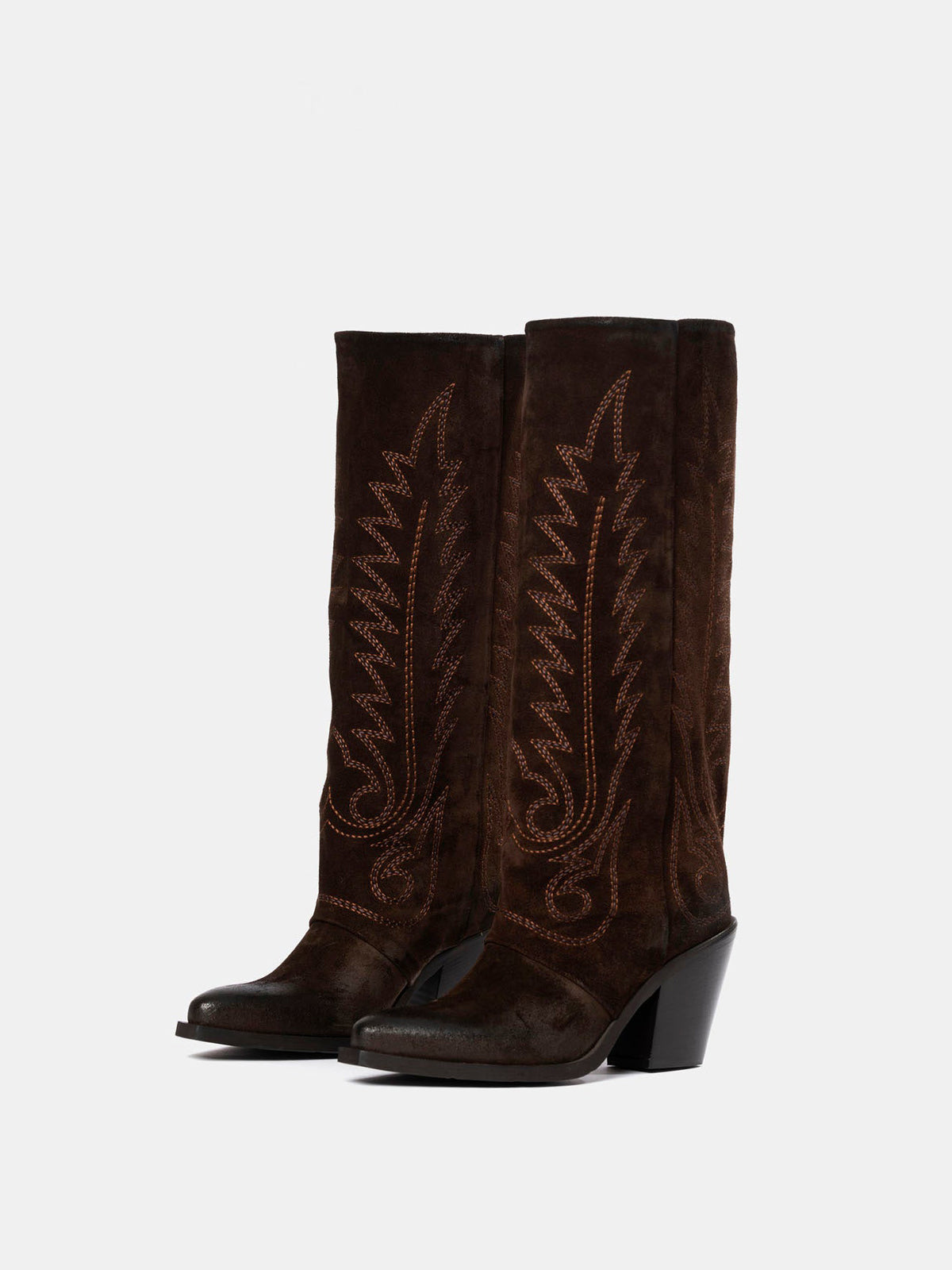 Dark Brown Snip-Toe Faux Suede Classic Embroidery Mid Calf Cowgirl Boots