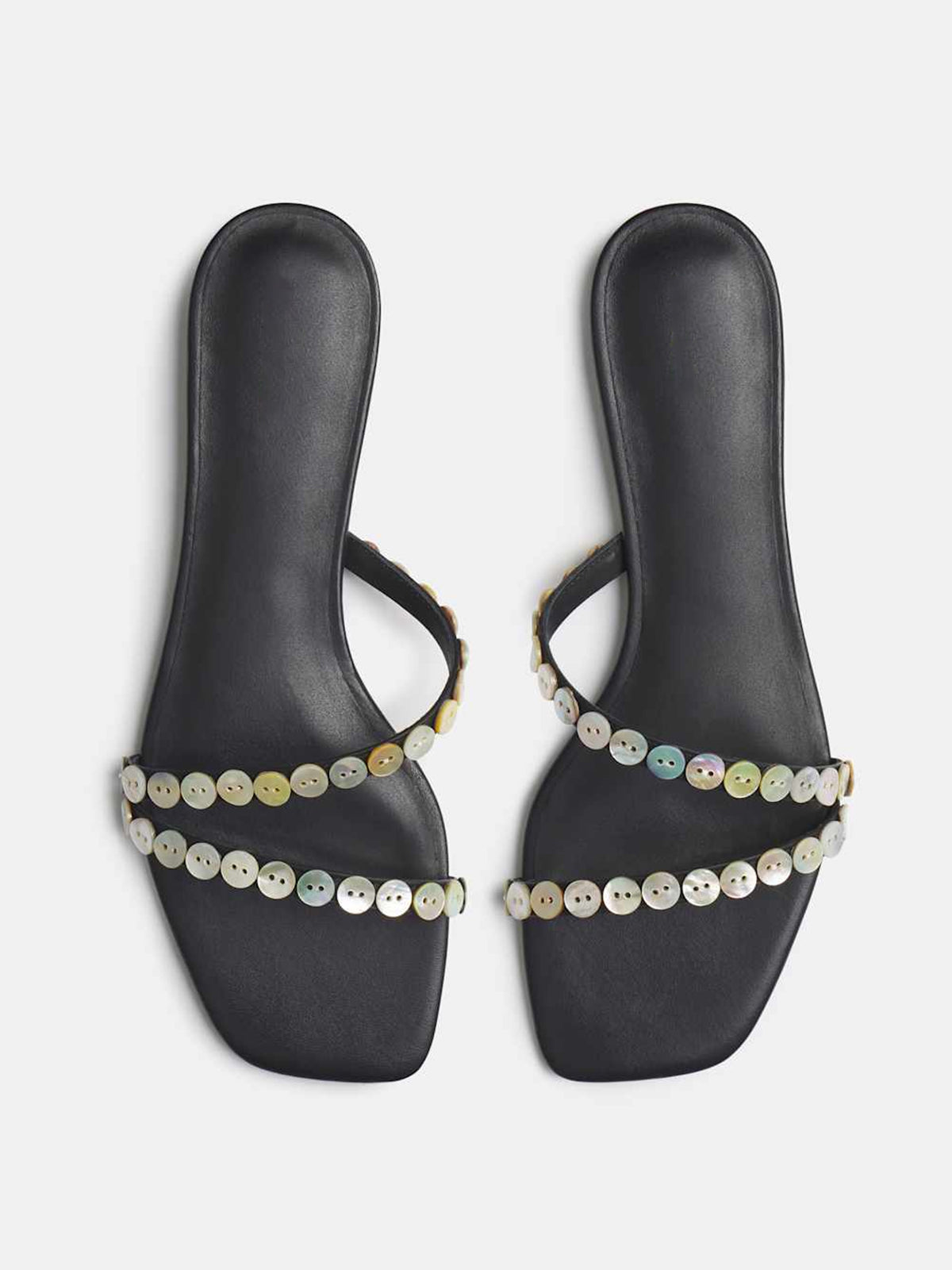 Black Square-Toe Double Straps With Button Embellishments Flat Sandals