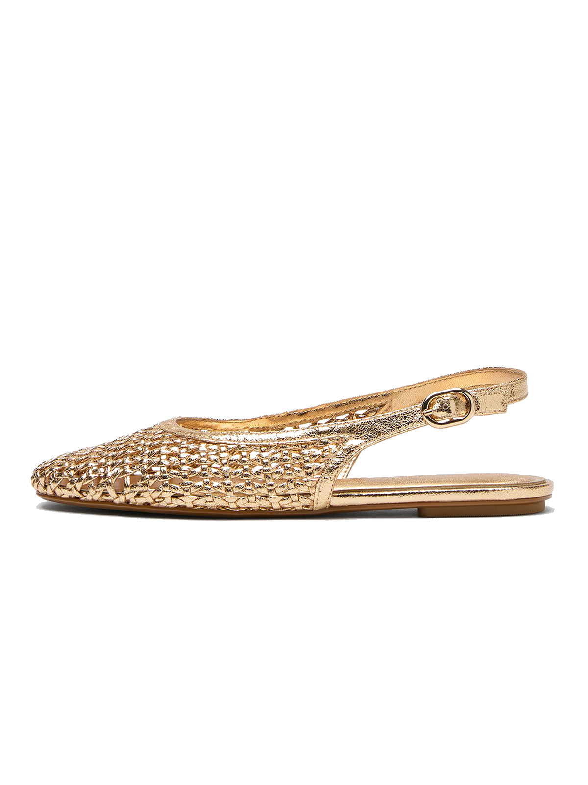 Gold Woven Metallic Vegan Leather Square-Toe Buckle Back Strap Flats