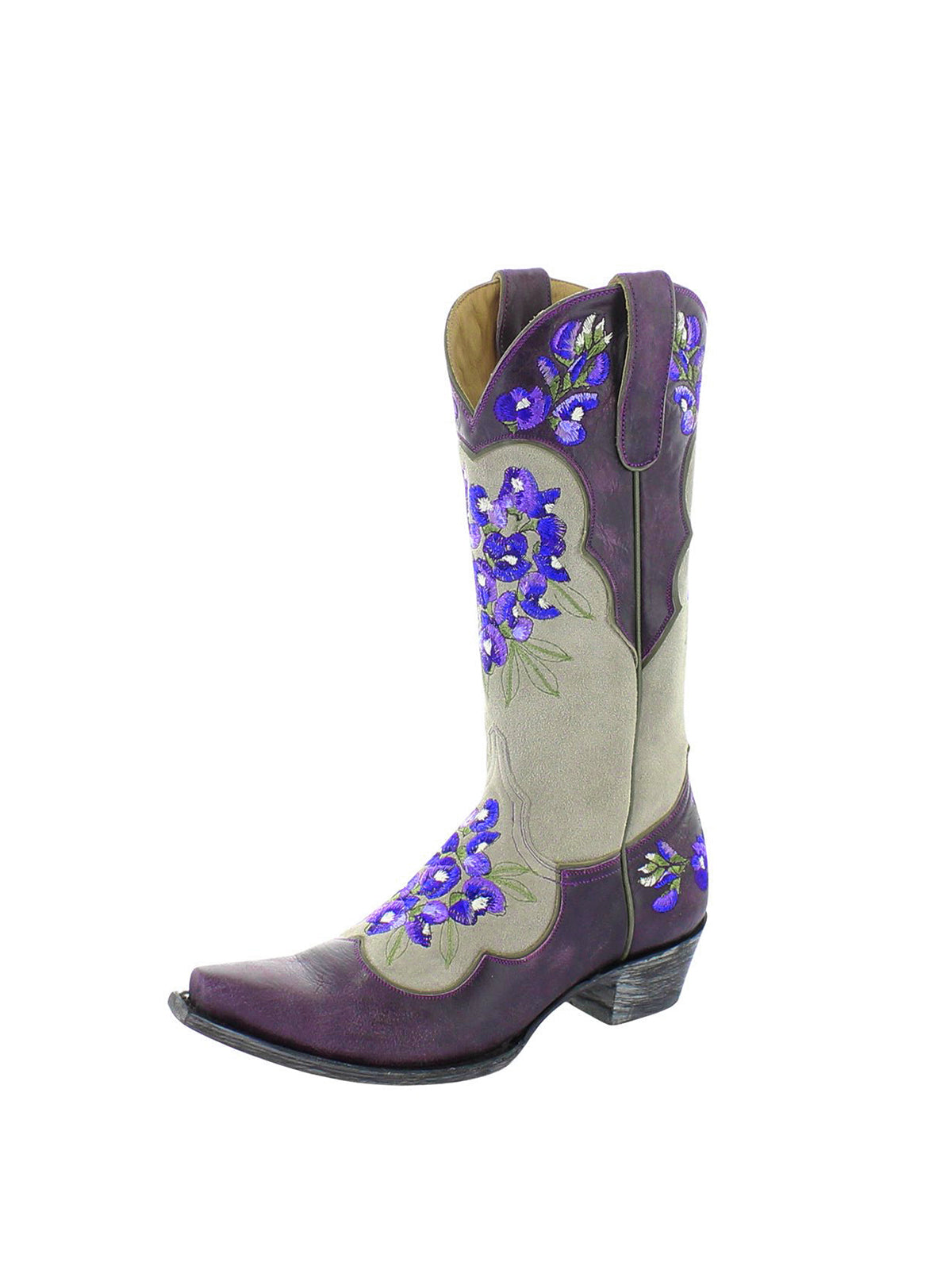 Contrast Beige And Purple Snip-Toe Blue Flowers Embroidery Mid Calf Cowgirl Boots