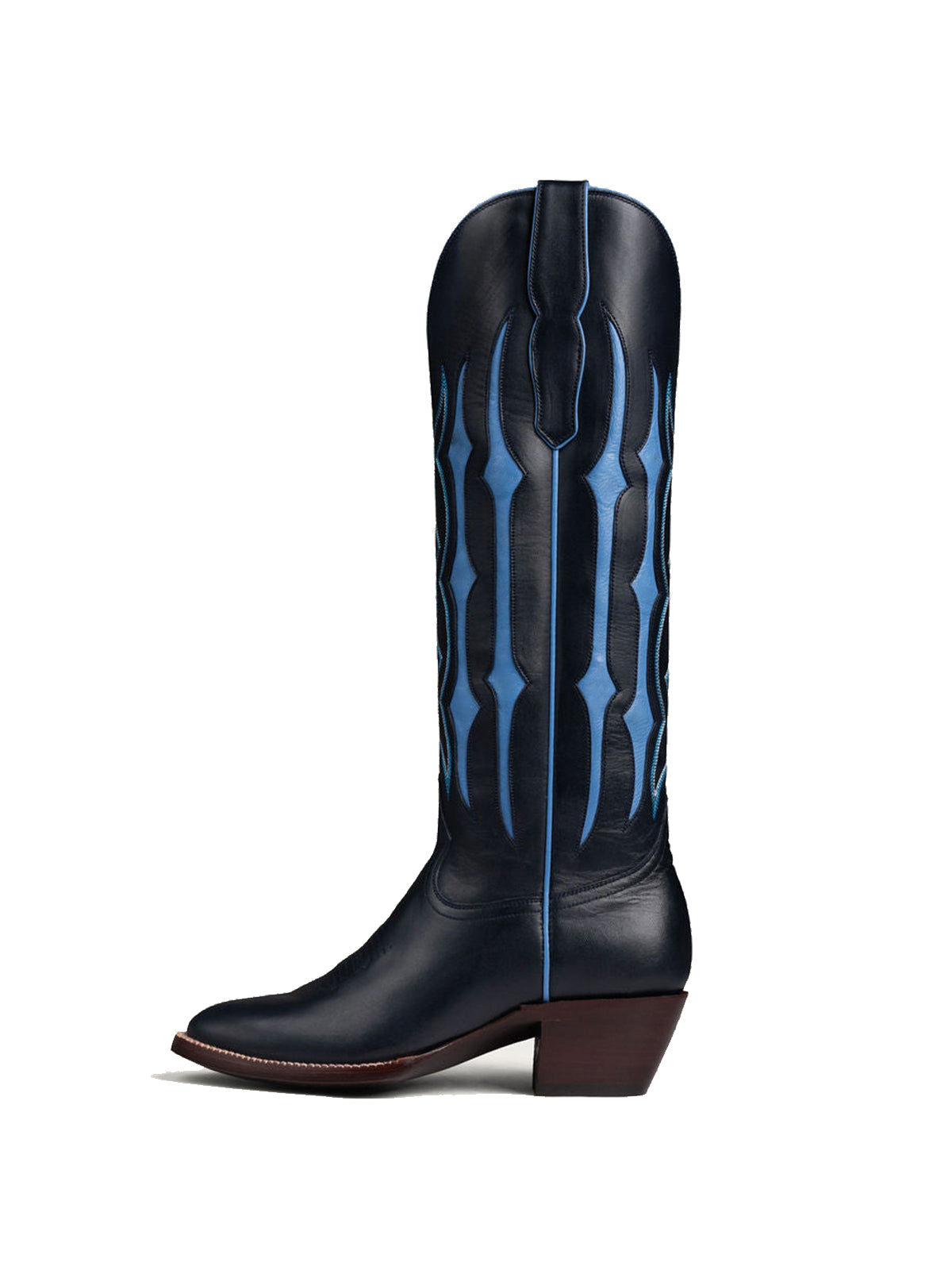 Black Contrast Blue Inlay Stitch Almond-Toe Wide Knee High Western Cowgirl Boots