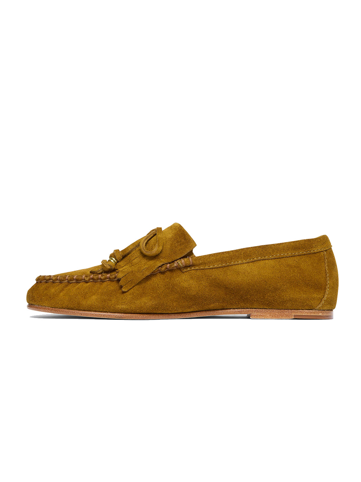 Caramel Cow Suede Round-Toe Front Bow And Fringe Flats