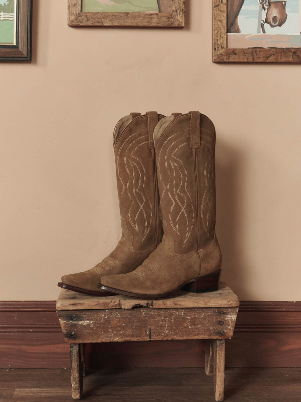 Tan Faux Suede Snip-Toe Classic Stitch Mid Calf Cowgirl Boots
