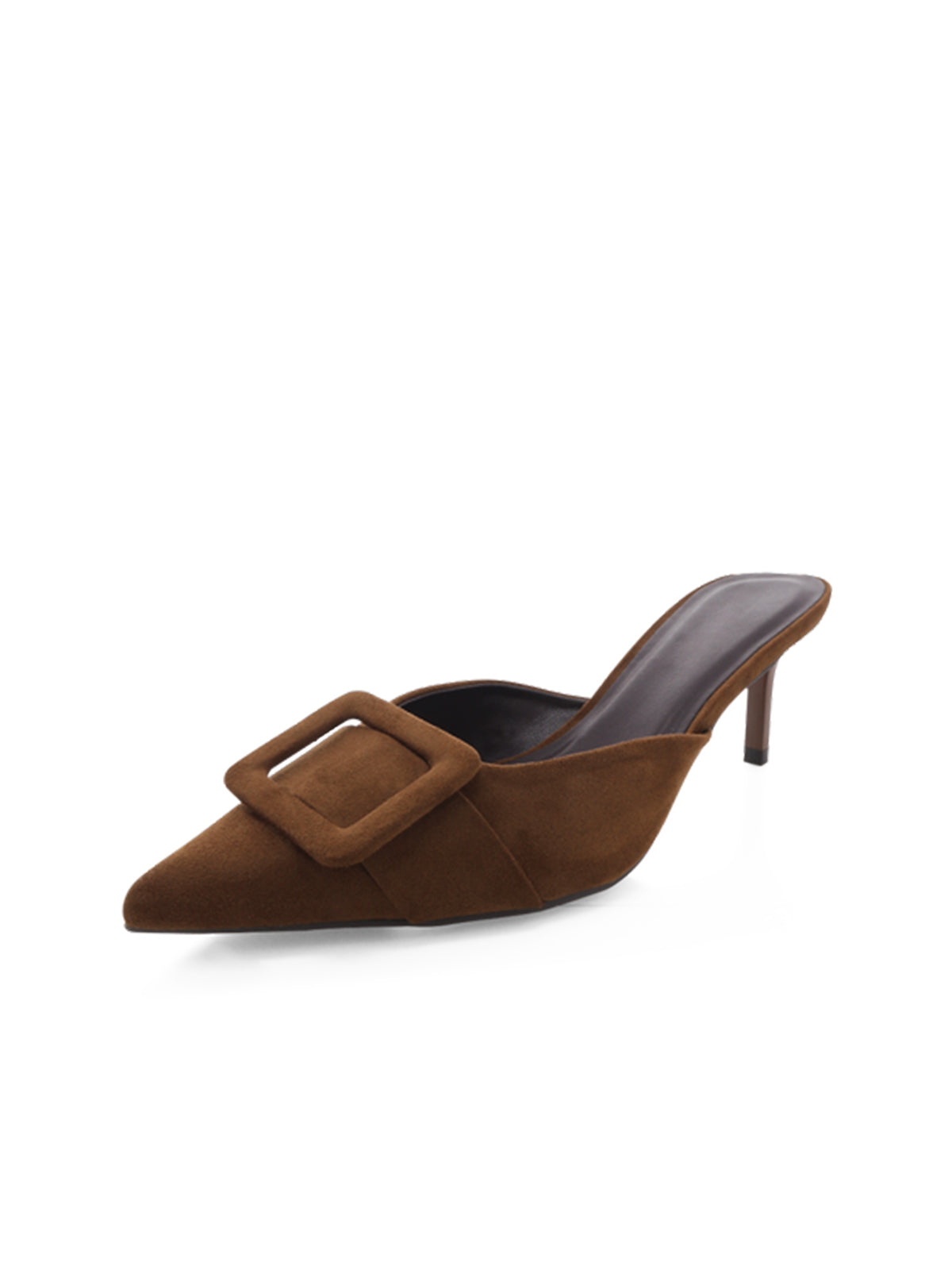 Dark Brown Faux Suede Pointed-Toe Simple Slip-On Kitten Heels