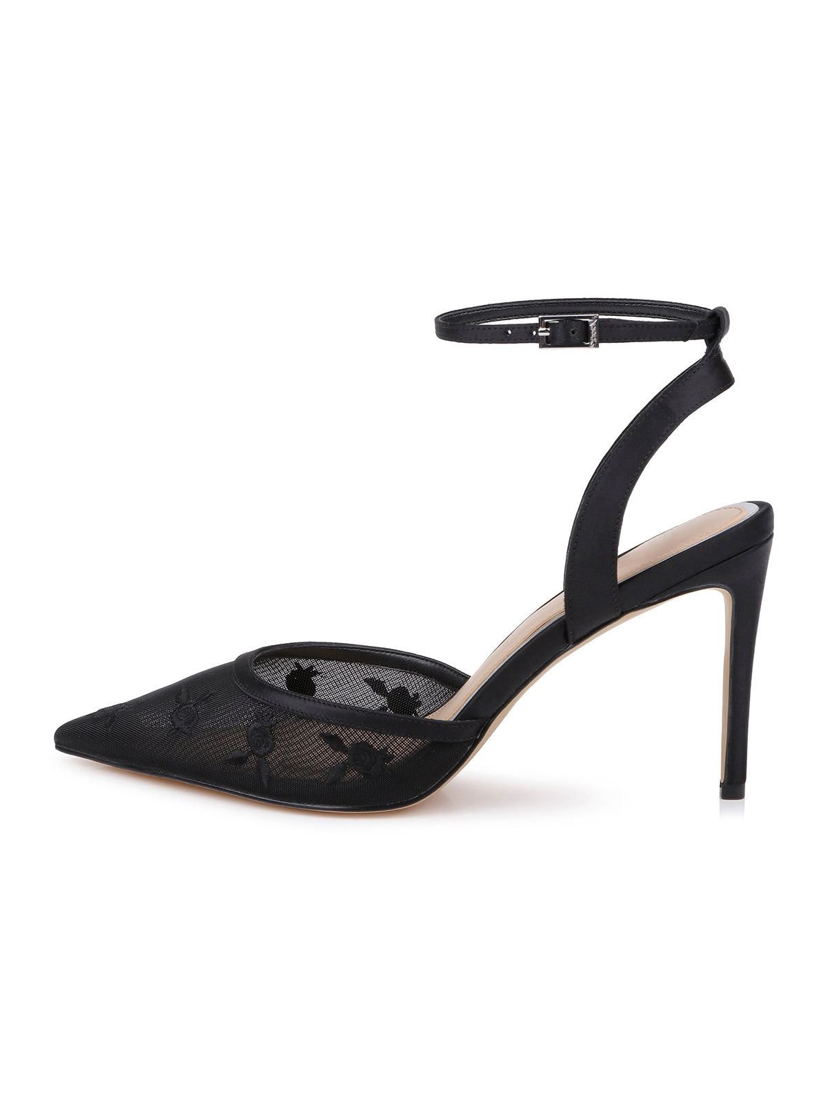 Black Mesh And Satin Pointed-Toe Back And Ankle Strap Chic High Heels