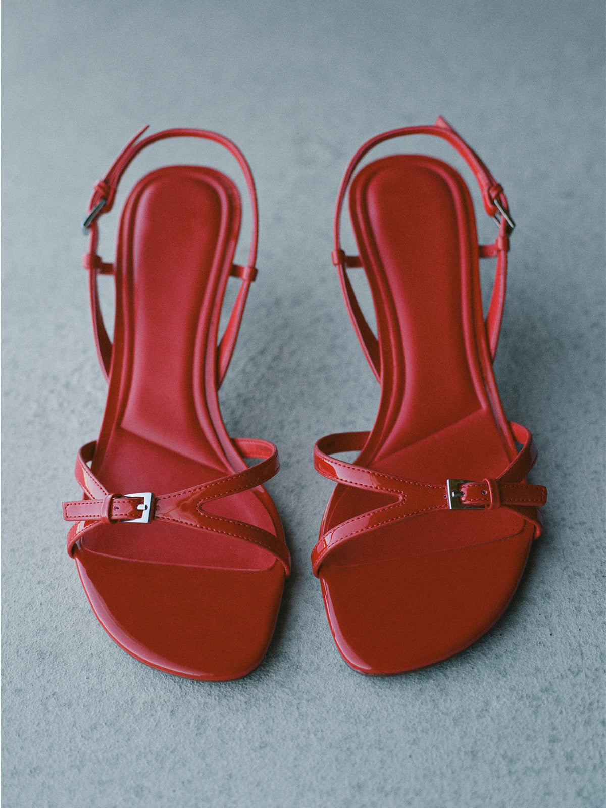 Patent Red Open Square-Toe Buckle Straps Slingback Kitten Heels