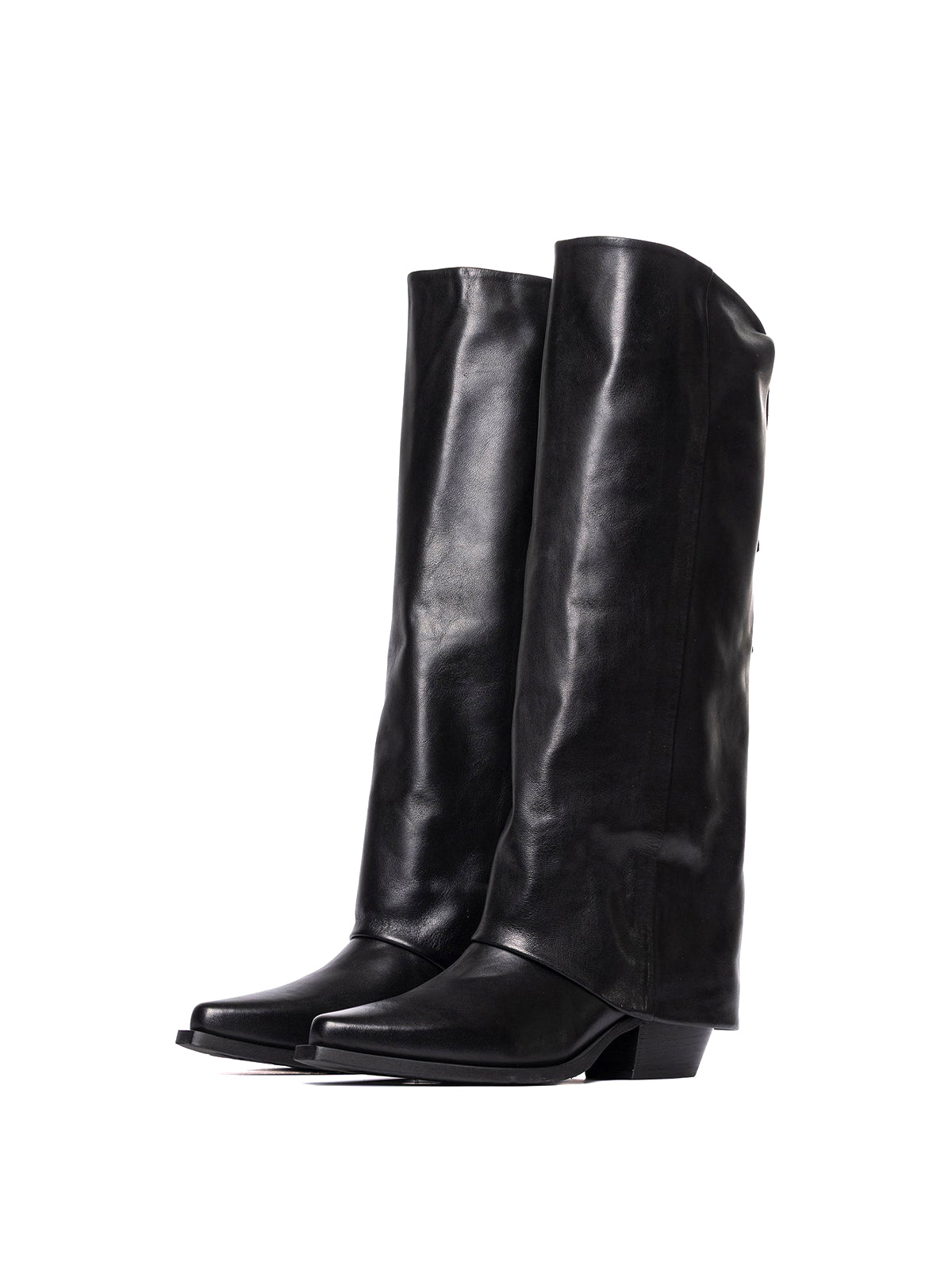 Black Snip-Toe Fold-Over Back Studs Wide Calf Knee High Cowgirl Boots