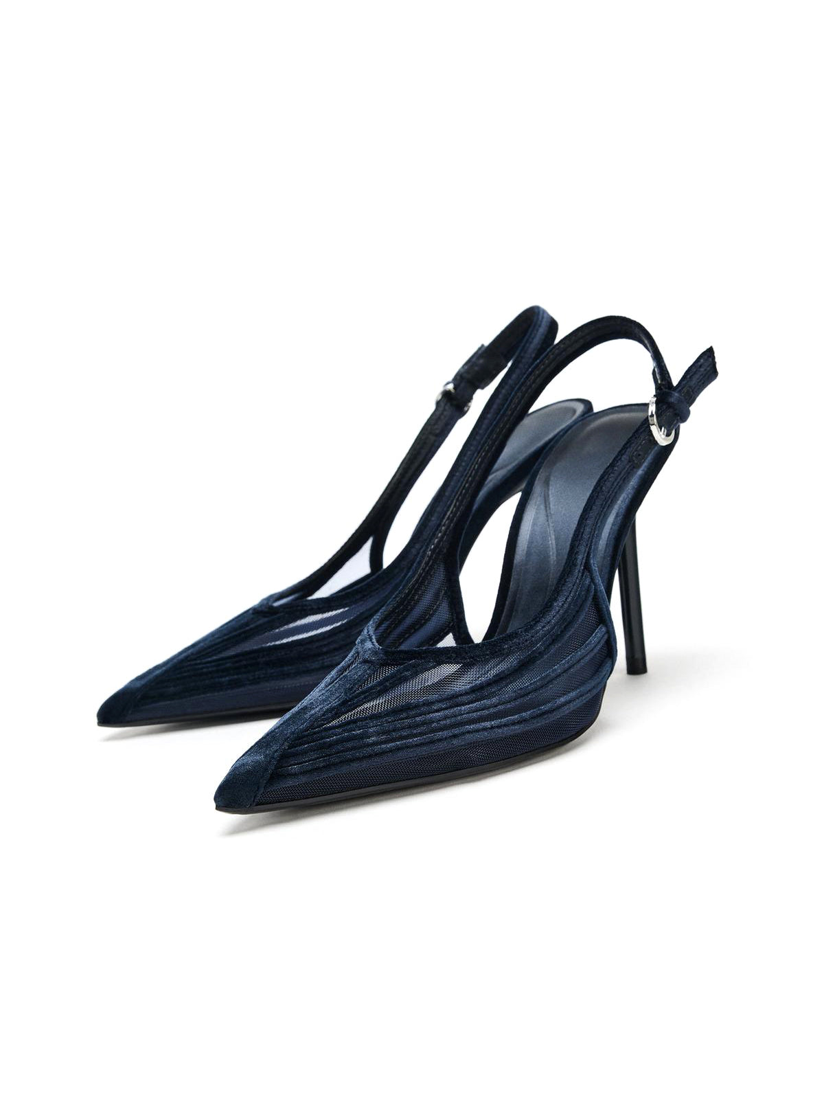 Blue Mesh Velvet Pointed-Toe Front Strappy Slingback High Heels