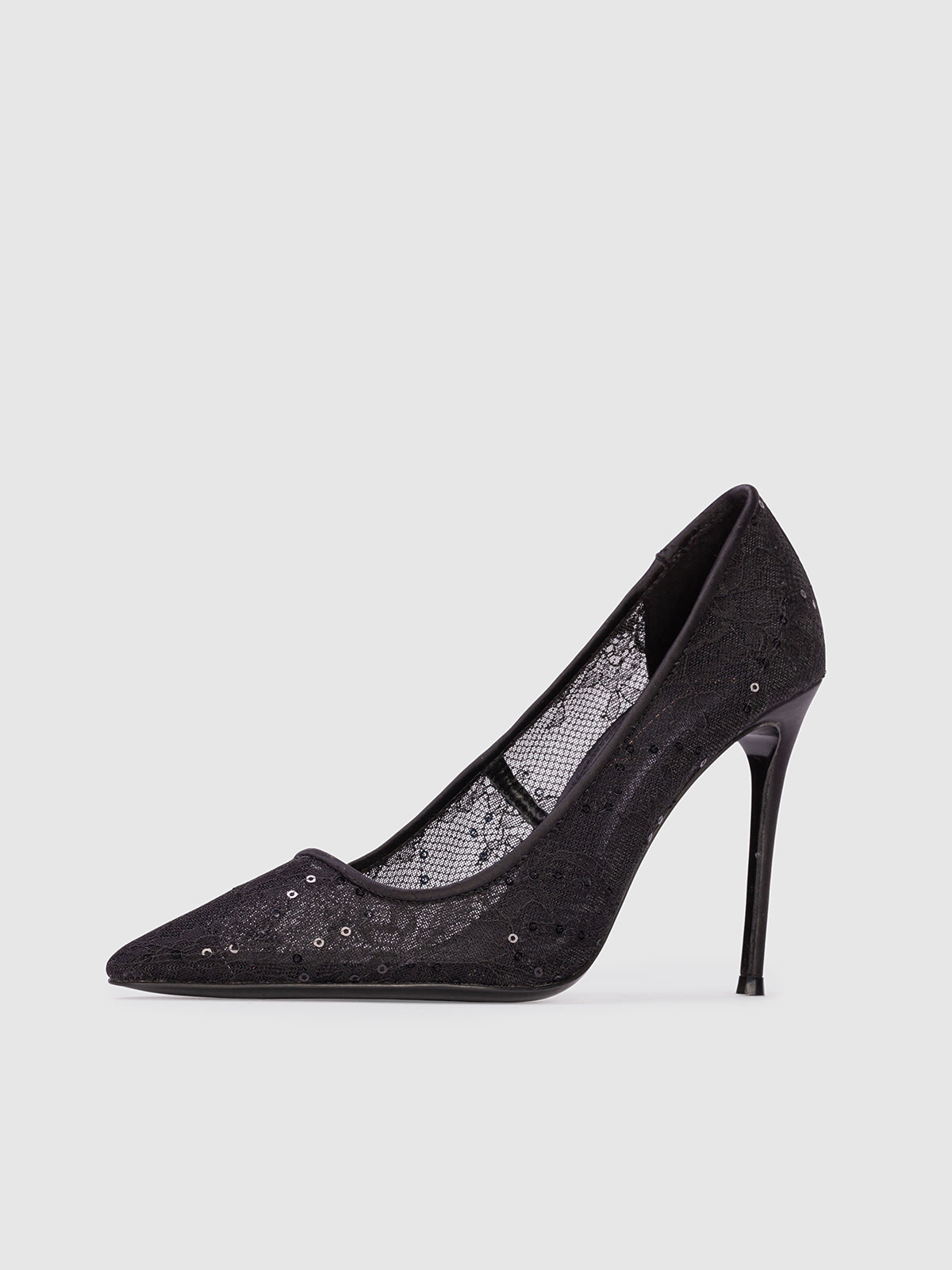 Black Lace Mesh Pointed-Toe Slip-On High Heels