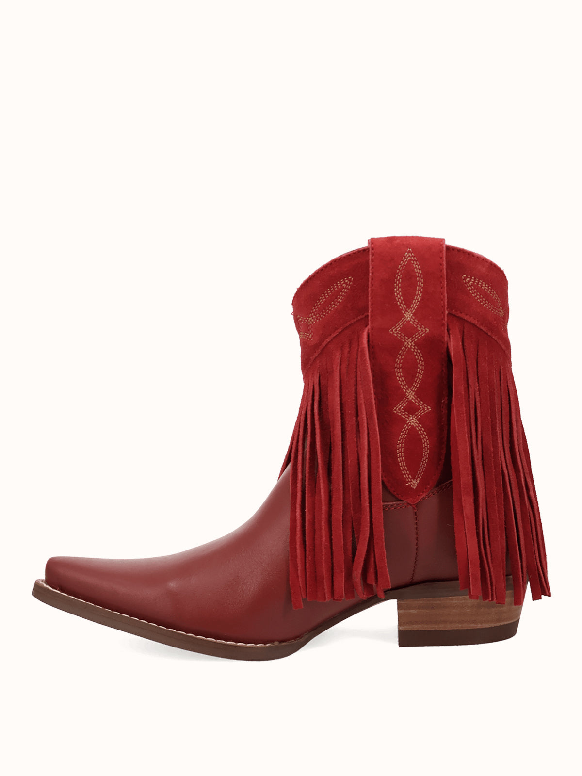 Red Snip-Toe Faux Suede Fringe Chic Ankle Cowgirl Boots