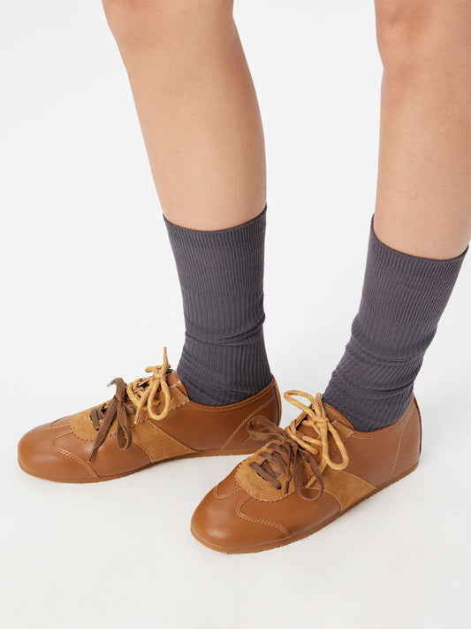 Brown Cow Suede And Cow Leather Square-Toe Lace-Up Flats Sneakers