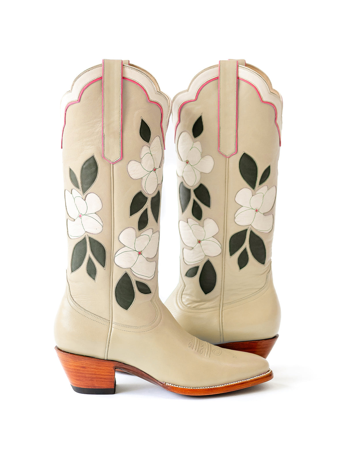 Cream Almond-Toe White Flower Inlay Wide Calf Knee High Cowgirl Boots