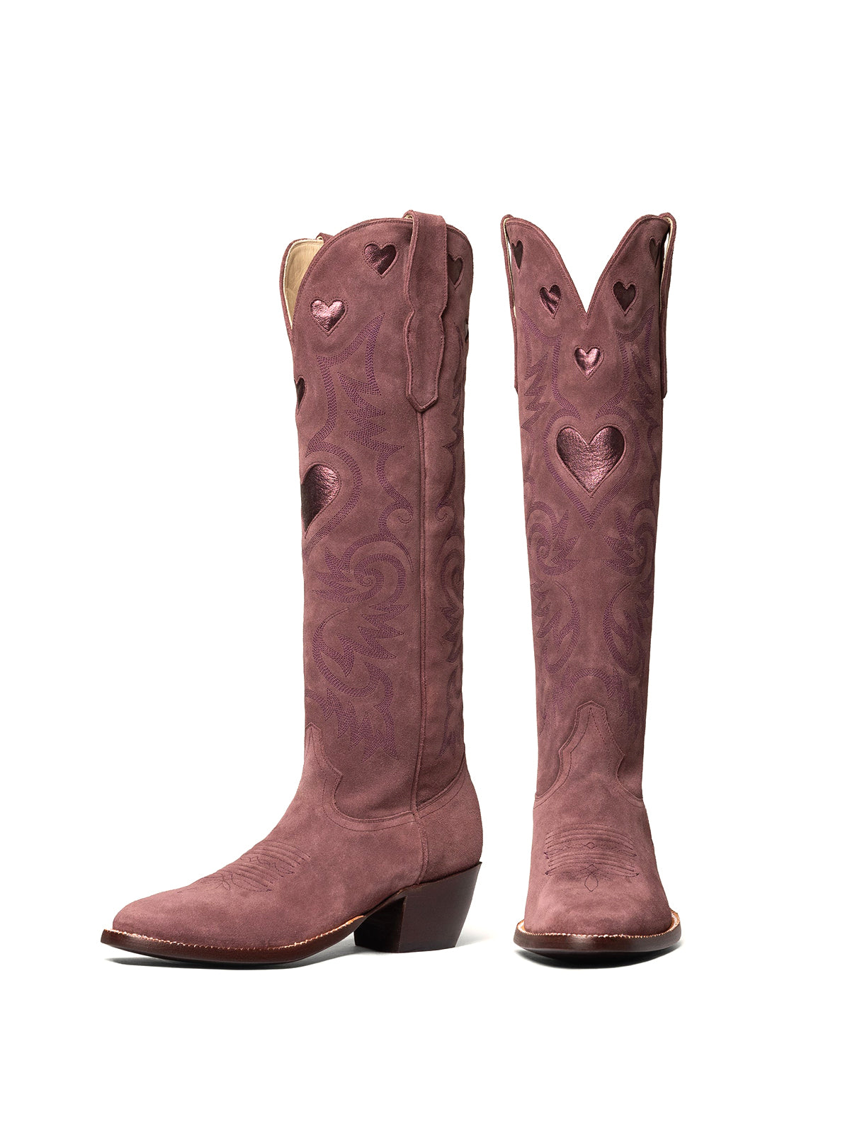 Metallic Heart Inlay Embroidery Almond-Toe Knee High Wide Calf Cowgirl Boots - Wine Red Faux Suede