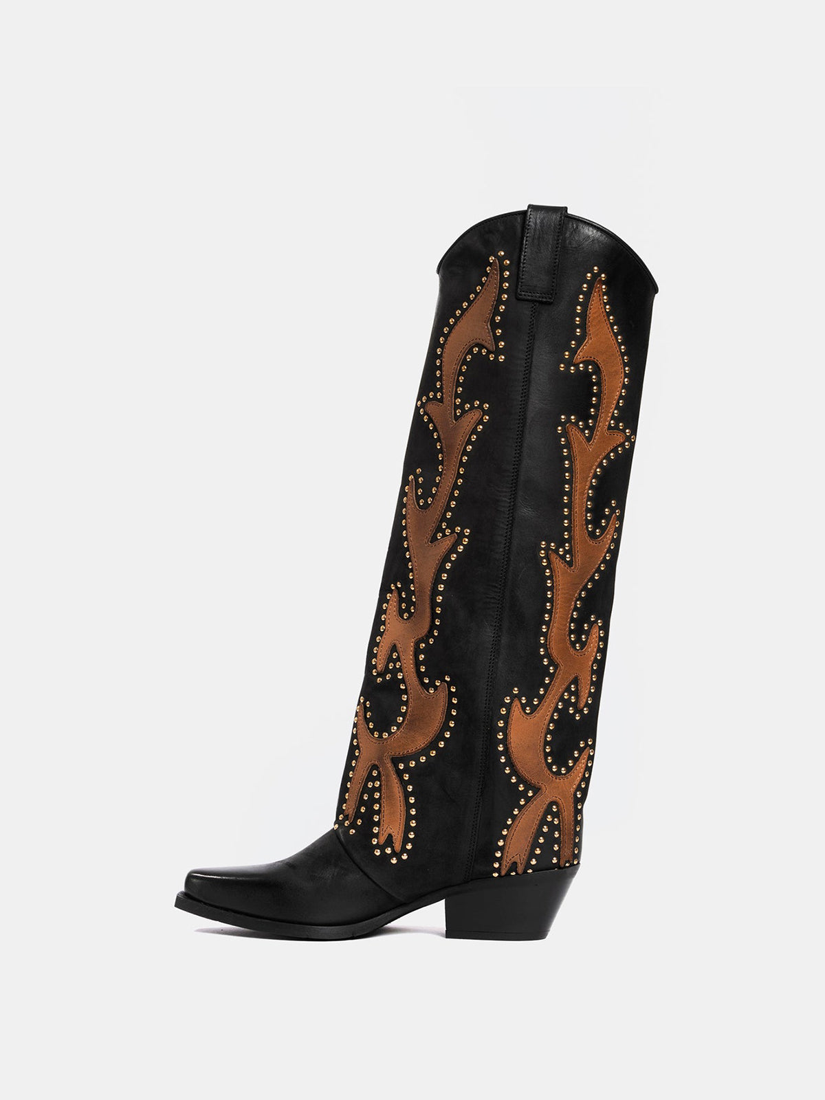 Black Snip-Toe Inlays Studs Wide Calf Knee High Cowgirl Boots