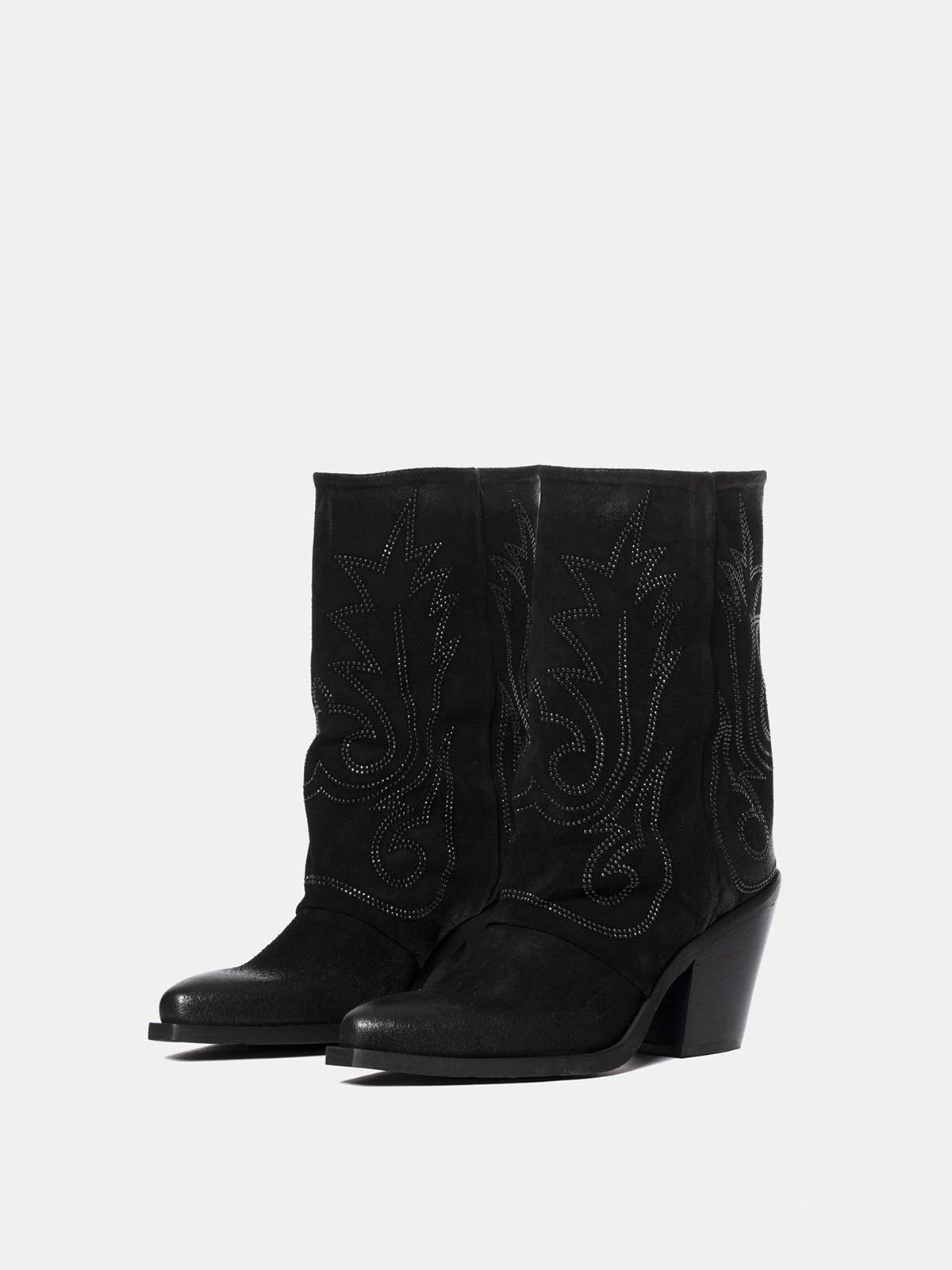Black Snip-Toe Faux Suede Embroidery Mid Calf Cowgirl Boots