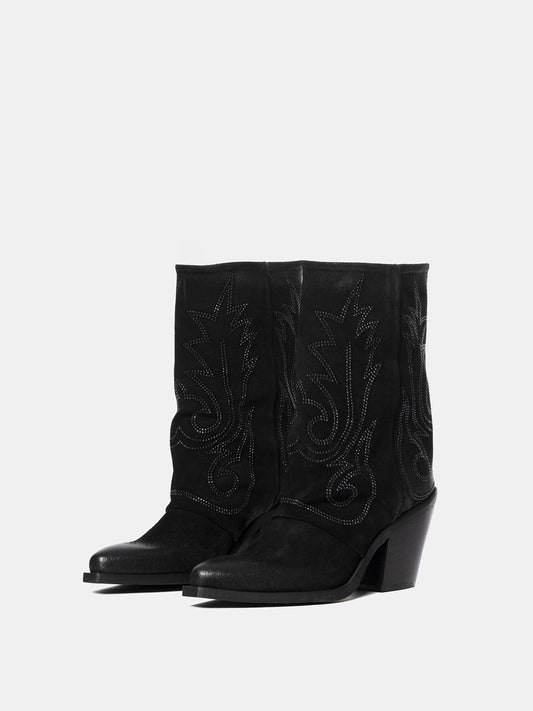 Black Snip-Toe Faux Suede Embroidery Mid Calf Cowgirl Boots