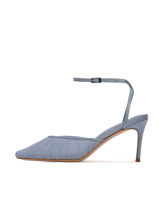 Blue Satin And Mesh Pointed-Toe Classic Ankle Strap High Heels