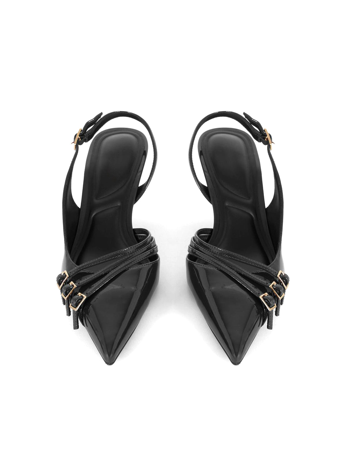 Patent Black Pointed-Toe Front Three Straps Slingback Kitten Heels
