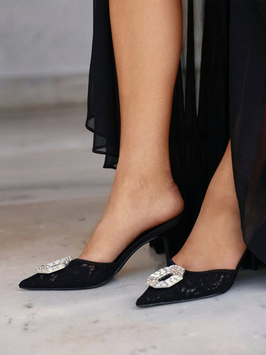 Black Lace Mesh Pointed-Toe Front Crystals High Heels
