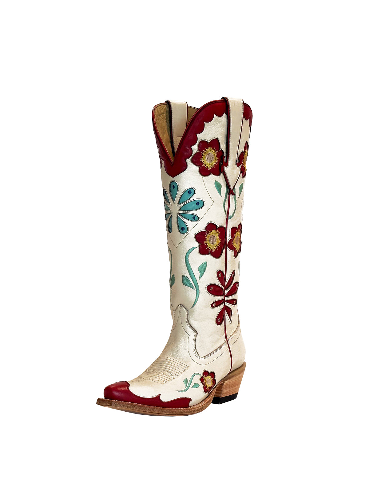 Bone Snip-Toe Colorful Flowers Inlay Wide Calf Knee High Cowgirl Boots