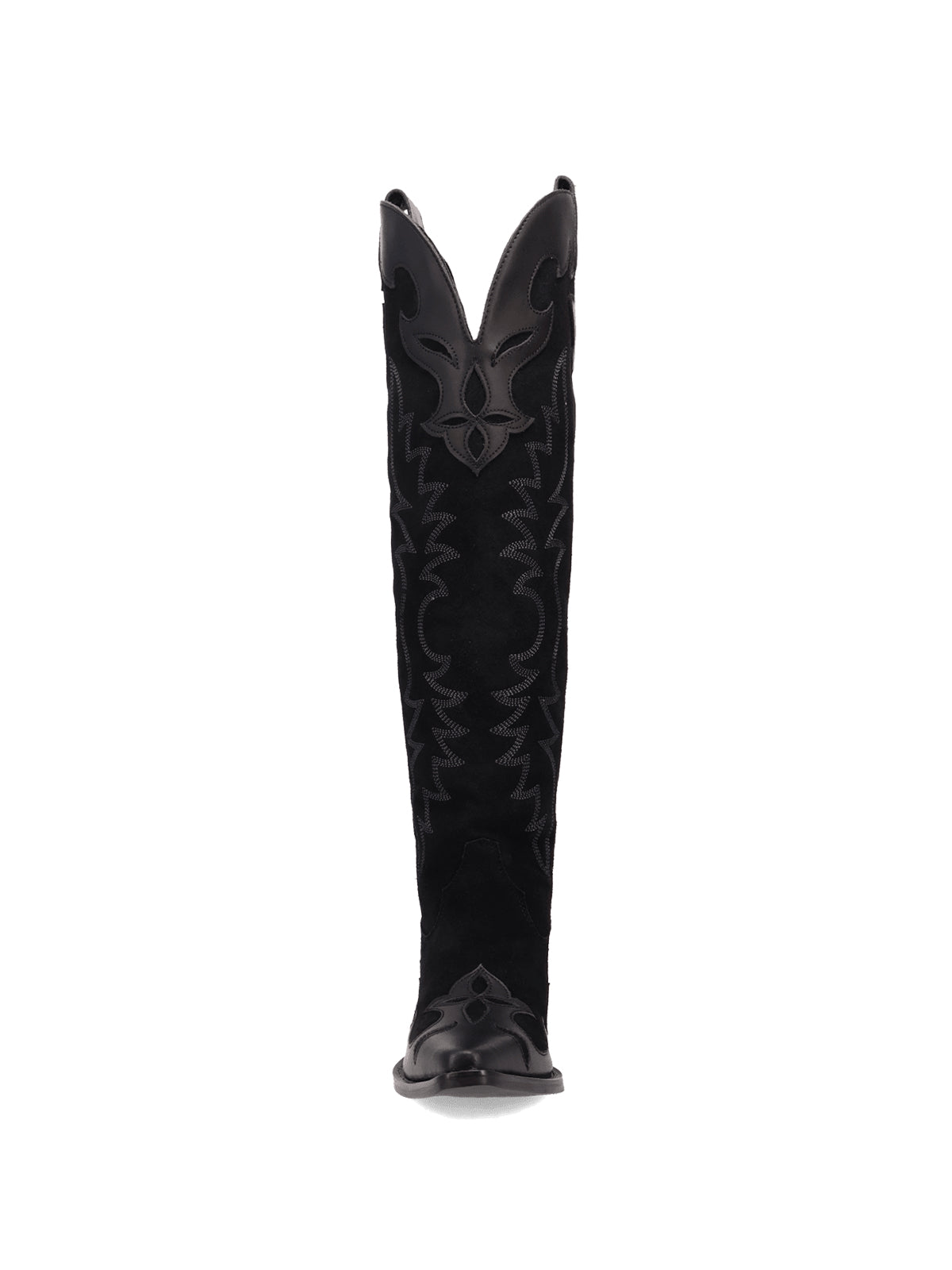 Black Faux Suede Snip-Toe Embroidery Vegan Leather Applique Wide Calf Knee High Cowgirl Boots