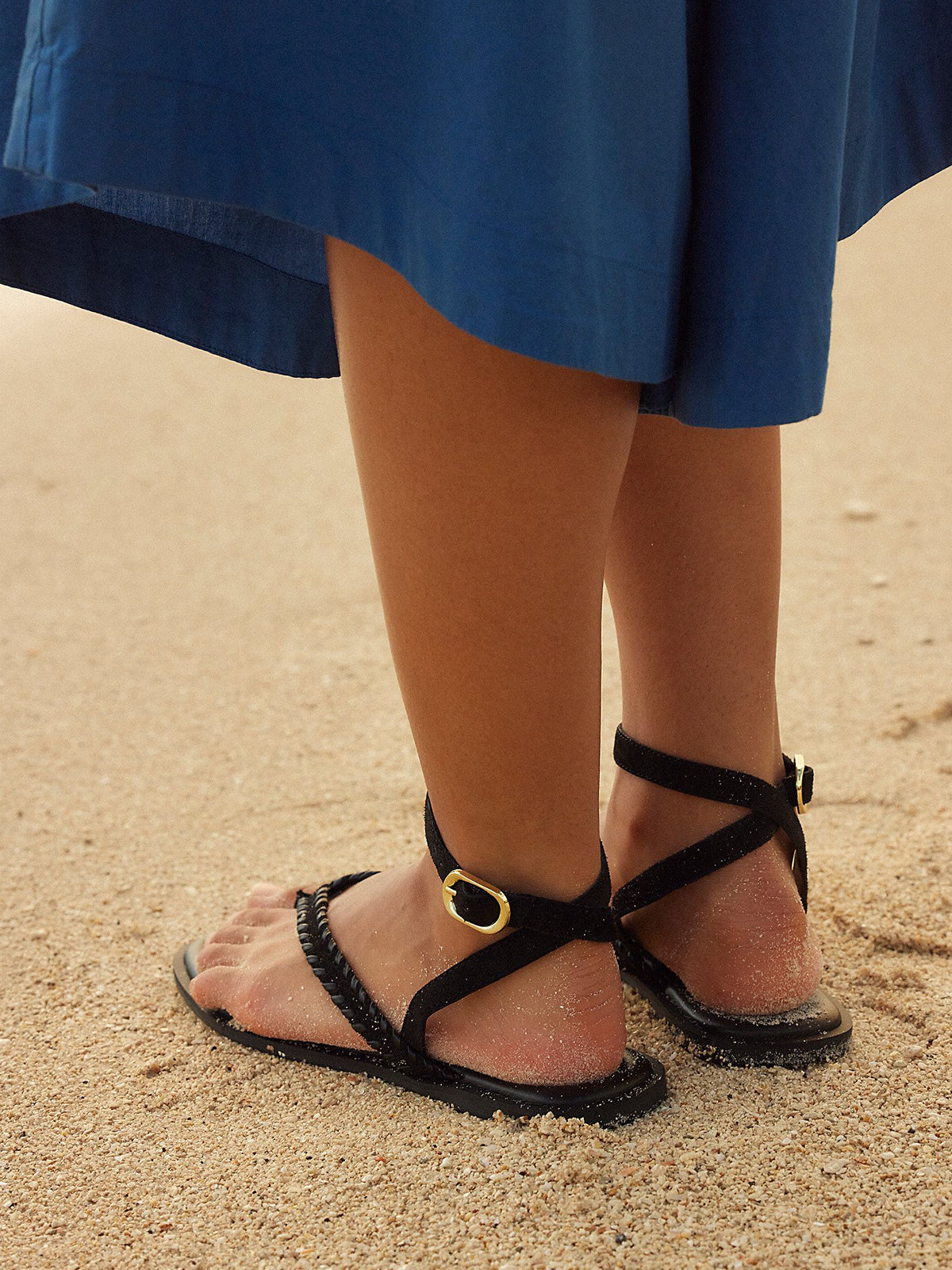 Black Faux Suede Square-Toe Flip-Flop Back And Ankle Straps Sandals Flats