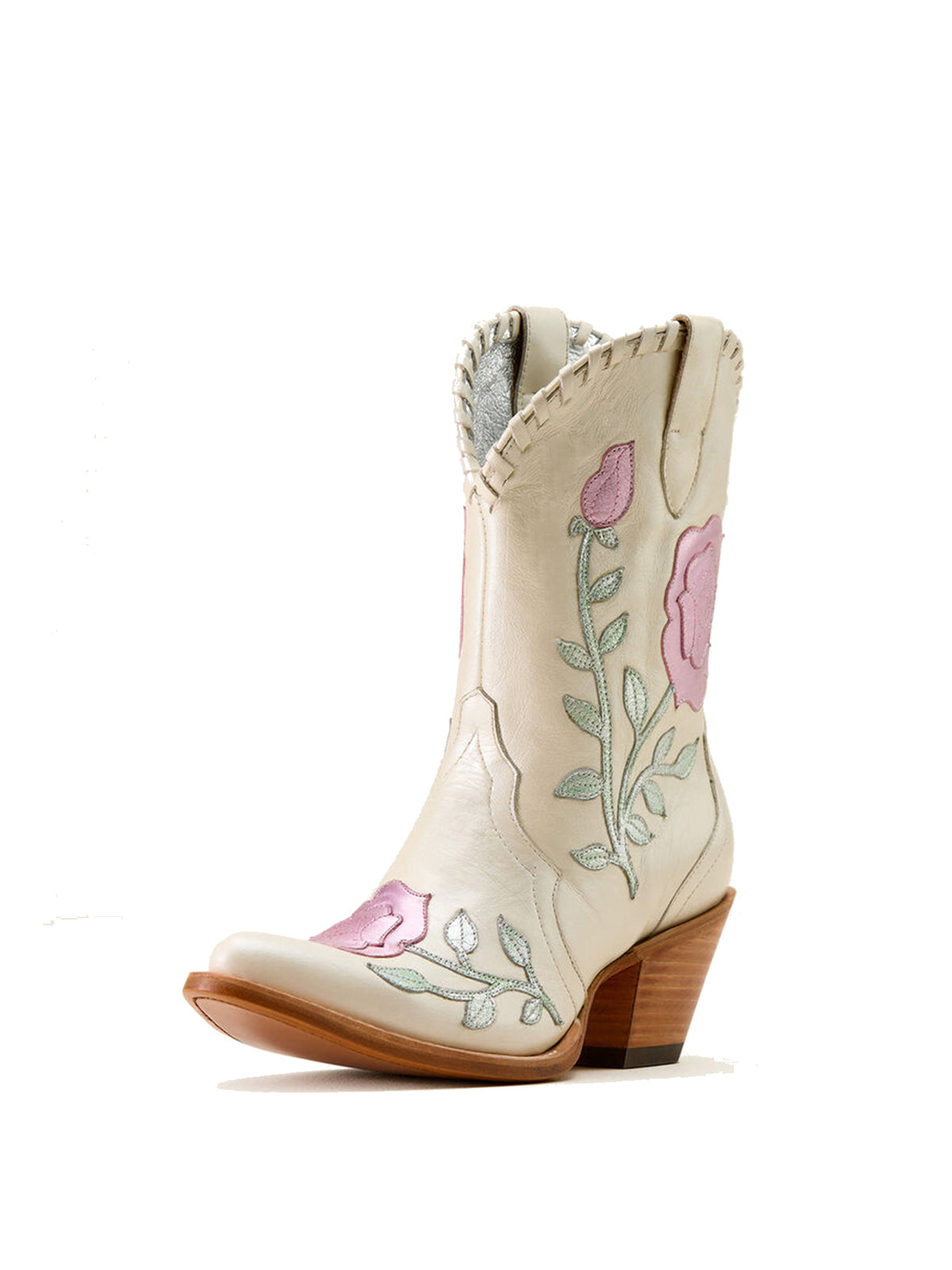 Ivory Almond-Toe Big Metallic Rose Applique Ankle Cowgirl Boots