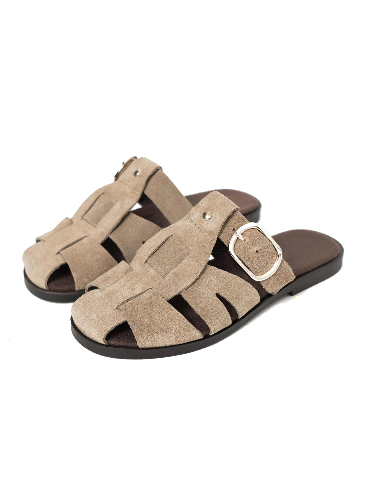 Light Khaki Cow Suede Round-Toe Caged Detail Backless Flats