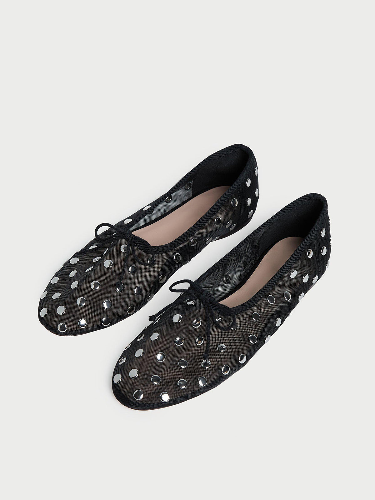Black Mesh Round-Toe Front Bow Ballet Flats With Studs