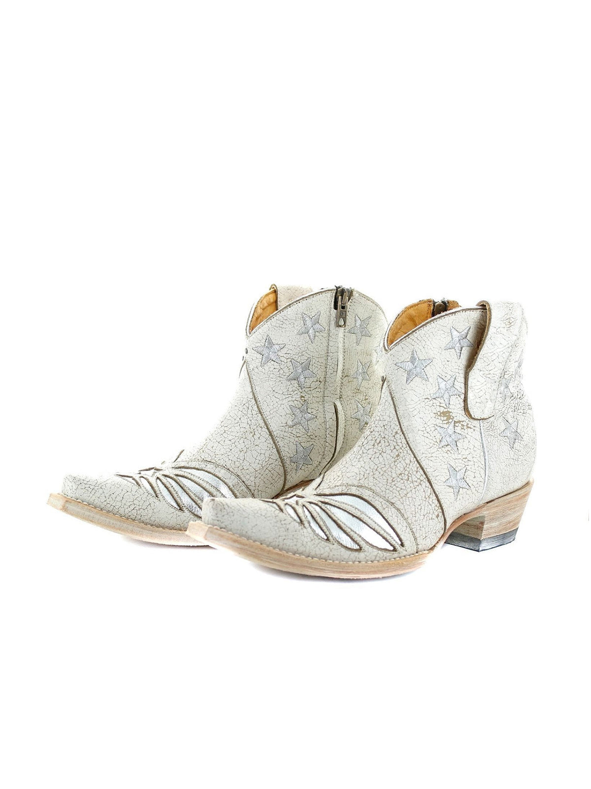 Distressed Ivory Snip-Toe Metallic Stars Inlay Full-Zip Ankle Cowgirl Boots