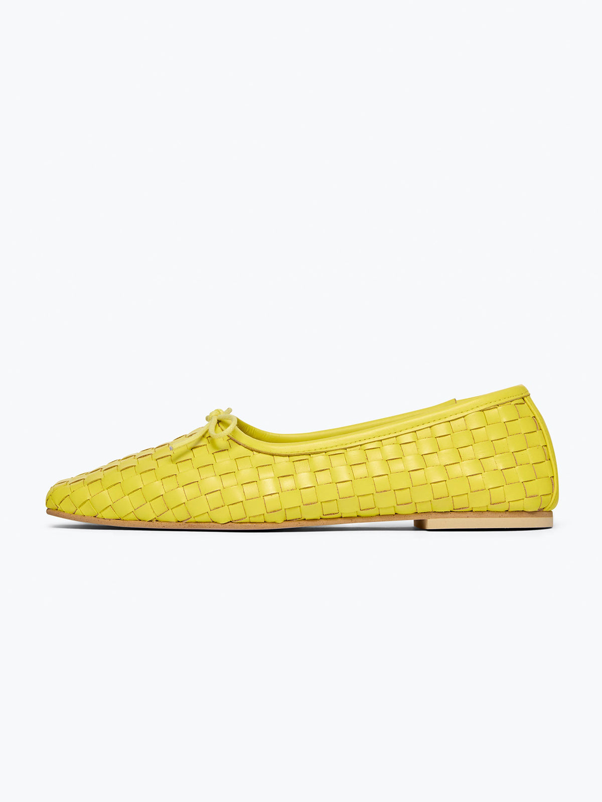 Woven Vegan Leather Square-Toe Front Bow Slip-On Ballet Flats - Yellow