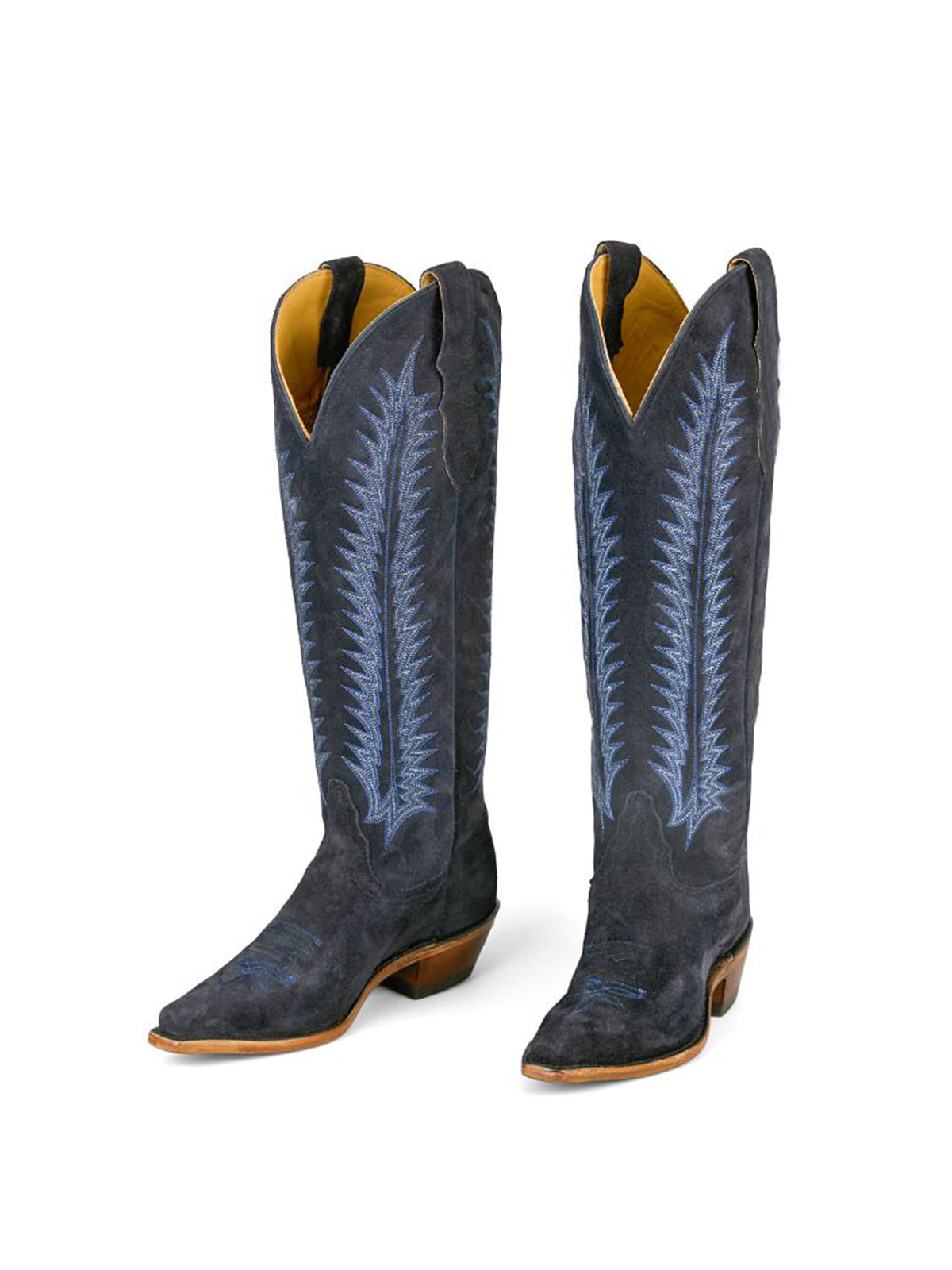 Blue Faux Suede Snip-Toe Wide Calf Embroidery Knee High Cowgirl Boots